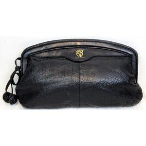 Allison Scott Stone Mountain Black Leather Clutch Floral Lining Reptile Magnetic